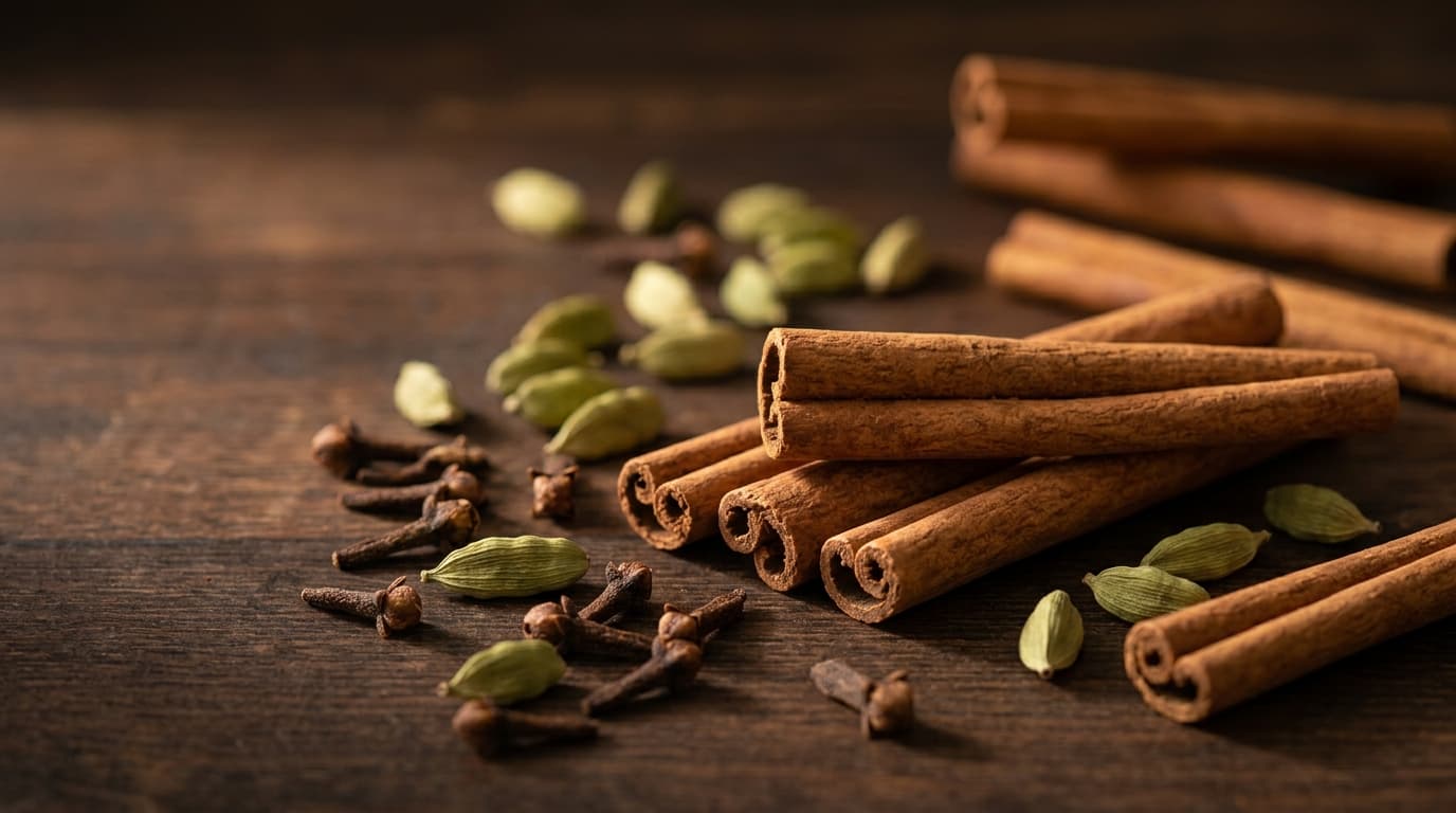 Premium Ceylon spices, including cinnamon, cardamom, and cloves, arranged on natural textiles